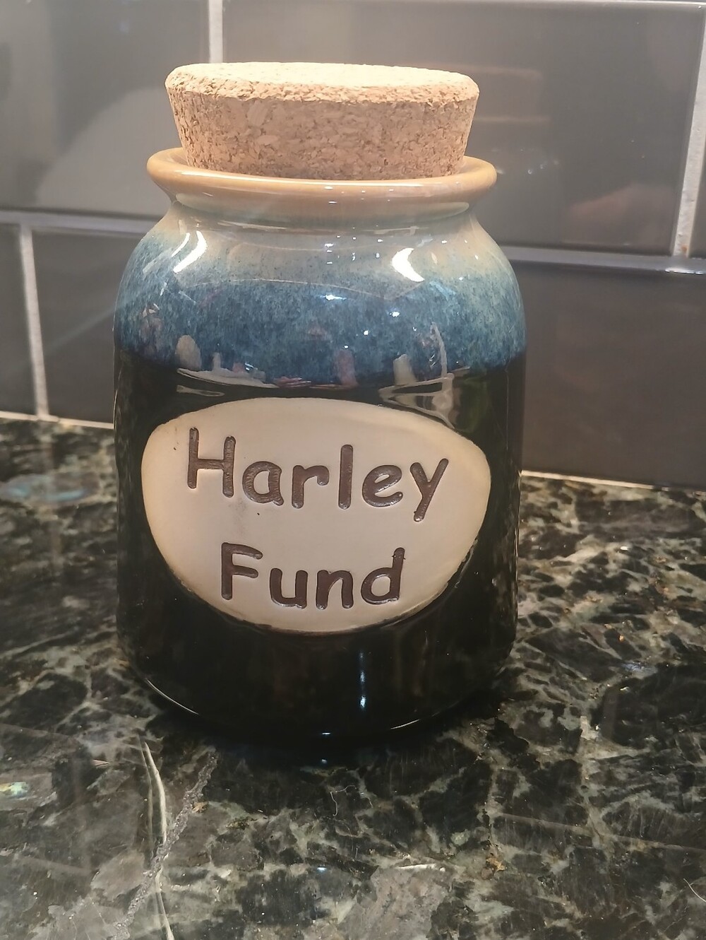 Ceramic 'Harley Fund' Jar with Cork Lid - Bank, Like-new Condition!
